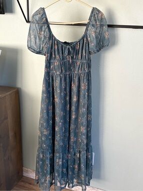 Floral Midi Dress in Dusty Blue with Pink Accents